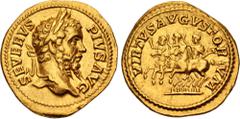 Roman Imperial Septimius Severus. AD 193-211. AV Aureus (21.5mm, 7.22 g, 6h). Rome mint. Struck AD 210. SEVERVS PIVS AVG, laureate head right / VIRTVS AVGVSTOR VM, Septimius Severus, Caracalla, and Ge