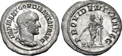 Roman Imperial Gordian II. AD 238. AR Denarius (20mm, 3.12 g, 12h). Rome mint. Struck 1-22 April. IMP M ANT GORDIANVS AFR AVG, laureate, draped, and cuirassed bust right / PROVIDENTIA AVGG, Providenti