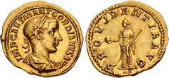 Roman Imperial Gordian III. AD 238-244. AV Aureus (19.5mm, 4.61 g, 12h). Rome mint, 4th officina. 1st emission, June-December AD 238. IMP CAES M ANT GORDIANVS AVG, laureate, draped, and cuirassed bust