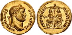 Roman Imperial Maximianus. First reign, AD 286-305. AV Aureus (19mm, 5.43 g, 12h). Uncertain mint (Cyzicus or Antioch). Struck AD 293. MAXIMIANVS AVGVSTVS, laureate head right / CONCORDI AE AVGG NN, D