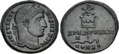 Roman Imperial Constantine I. AD 307/310-337. Æ Follis (19mm, 3.16 g, 12h). Constantinople mint, 1st officina. Struck AD 327. CONSTANTI NVS MAX AVG, laureate head right / SPES PVBLIC, labarum, with Ch