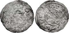 Early Medieval CRUSADERS, Latin Kingdom of Jerusalem. Jerusalem Pilgrim Coinage. 12th century. BI Denier (17mm, 0.75 g, 6h). + (horizontal retrograde S)ΛN ΛCΛRC[Λ] (sic), cross pattée / Medieval façad