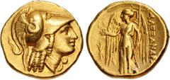 Greek KINGS of MACEDON. temp. Alexander III – Philip III. Circa 325-319 BC. AV Stater (18mm, 8.56 g, 9h). In the name and types of Alexander III. Amphipolis mint. Struck under Antipater. Helmeted head