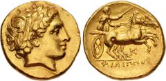 Greek KINGS of MACEDON. temp. Alexander III – Kassander. Circa 325-310 BC. AV Stater (18.5mm, 8.58 g, 2h). In the name and types of Philip II. Uncertain mint in Macedon. Laureate head of Apollo right 