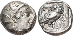Greek ATTICA, Athens. Circa 454-404 BC. AR Tetradrachm (22mm, 17.11 g, 8h). Helmeted head of Athena right, with frontal eye / Owl standing right, head facing, closed tail feathers; olive spray and cre