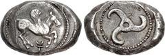 Greek DYNASTS of LYCIA. Khinakha. Circa 440/30-400 BC. AR Stater (21.5mm, 9.81 g). Pegasos flying right; monogram below; all on raised disc / Large triskeles; conjoined monogram and diskeles in one se