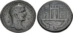 Roman Provincial CYPRUS, Koinon of Cyprus. Caracalla. Caesar, AD 196-198. Æ (32mm, 17.55 g, 6h). Laureate head right / Temple of Paphian Aphrodite with three bays, center bay surmounted by star and cr