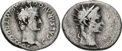 Roman Imperial Gaius (Caligula), with Divus Augustus. AD 37-41. AR Denarius (18.5mm, 3.62 g, 6h). Lugdunum (Lyon) mint. 1st emission, after 18 March AD 37. Bare head of Gaius (Caligula) right / Radiat