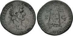 Roman Imperial Nerva. AD 96-98. Æ Sestertius (32mm, 23.29 g, 6h). Rome mint. Struck AD 97. Laureate head right / PLEBEI VRBAN[AE FRV]MENTO CONSTITVTO, S C across field, modius containing six wheat-ear