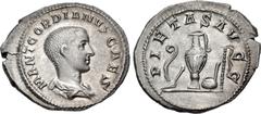 Roman Imperial Gordian III. As Caesar, AD 238. AR Denarius (21mm, 2.91 g, 12h). Rome mint. 1st emission of Balbinus & Pupienus. Bareheaded and draped bust right / Emblems of the pontificate: lituus, s