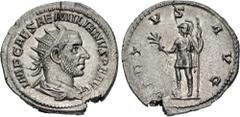 Roman Imperial Aemilian. AD 253. AR Antoninianus (21mm, 4.06 g, 12h). Rome mint. Radiate, draped, and cuirassed bust right / Virtus standing left, foot on helmet, holding branch and spear. RIC IV 22; 
