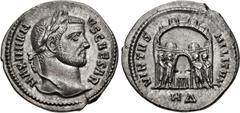 Roman Imperial Galerius. As Caesar, AD 293-305. AR Argenteus (18mm, 2.97 g, 6h). Heraclea mint, 4th officina. 3rd emission, AD 295. Laureate head right / The tetrarchs sacrificing over tripod before c