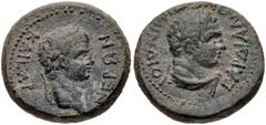 LYDIA, Sardis. Nero. AD 54-68. Æ (16mm, 4.77 g, 12h). Minidius, strategos. Struck circa AD 60. Laureate head of Nero right / Laureate head of beardless Herakles right, lion skin tied around neck. RPC 