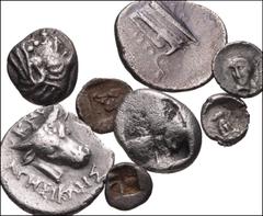 GREEK. Asia Minor. Lot of Eight (8) AR from Bithynia to Caria. Includes: BITHYNIA, Kios. AR Diobol. RG 5 var. (magistrate); SNG von Aulock -; SNG Copenhagen 376-9 var. (same) // IONIA, Ephesos. AR Tet