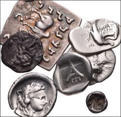 MIXED. Greek-Oriental Greek. Lot of Seven (7) AR from Boeotia to Baktria. Includes: BOEOTIA, Thebes. AR Obol. BCD Boeotia 548 // SIKYONIA, Sikyon. AR Obol. BCD Peloponnesos 256.4 var. (placement of le