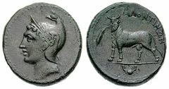 SICILY, Alontion Estimate $2000 SICILY, Alontion . Circa 241-210 BC. Æ 19mm (6.34 gm). Male head left wearing Phrygian helmet / ALONTINWN, man-headed bull standing left with water flowing from its mou