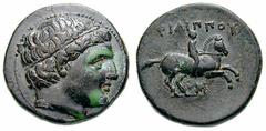 MACEDON, Kings of. Philip II Estimate $300 MACEDON, Kings of. Philip II . 359-336 BC. Æ Unit - 19mm (5.24 gm). Miletos mint. Circa 323 BC. Diademed head of Apollo right / FILIPPOU, rider on horse gall