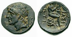 SYRIA, Seleukid Kings. Antiochos I Estimate $150 SYRIA, Seleukid Kings. Antiochos I . 280-261 BC. Æ 13mm (1.71 gm). Antioch mint. Diademed head of Antiochos left / B-ASI right, ANTI left, Apollo seate