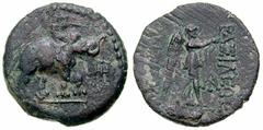 SYRIA, Seleukid Kings. Antiochos IV Estimate $200 SYRIA, Seleukid Kings. Antiochos IV . 175-164 BC. Æ 23mm (6.77 gm). Ekbatana mint. Elephant with rider walking right; monogram before / BASILEWS right