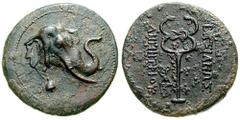 BAKTRIA, Graeco-Baktrian Kings. Demetrios I Estimate $150 BAKTRIA, Graeco-Baktrian Kings. Demetrios I . Circa 200-185 BC. Æ Triple Unit (13.13 gm). Elephant's head right, wearing bell around neck / BA