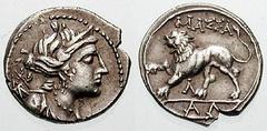 GAUL, Massalia Estimate $300 GAUL, Massalia. Circa 130-121 BC. AR Tetrobol (2.61 gm). Diademed bust of Artemis right, bow and quiver over shoulder / MASSA, lion walking left; L below, AL in exergue. D