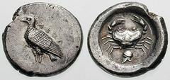 SICILY, Akragas Estimate $1500 SICILY, Akragas. Circa 510-480 BC. AR Didrachm (8.29 gm). Eagle standing left / Crab; helmet below. Jenkins, The Coinage of Gela, Group III; SNG ANS 947 (same dies); SNG