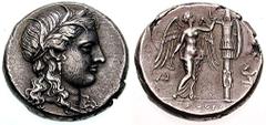 SICILY, Syracuse. Agathokles Estimate $5000 SICILY, Syracuse. Agathokles. 317-289 BC. AR Tetradrachm (16.64 gm). Circa 305-295 BC. [KORAS], wreathed head of Kore right, wearing single-pendant earring 