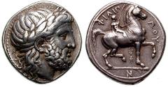 MACEDON, Kings of. Philip II Estimate $1250 MACEDON, Kings of. Philip II. 359-336 BC. AR Tetradrachm (14.41 gm). Pella mint. Struck circa 342-336 BC. Laureate head of Zeus right / FILIP-POU, youth on 