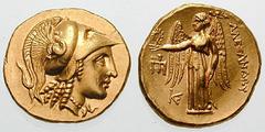 MACEDON, Kings of. Alexander III Estimate $2000 MACEDON, Kings of. Alexander III. 336-323 BC. AV Stater (8.61 gm). Amphipolis mint. Struck 330-320 BC. Helmeted head of Athena right; serpent on helmet 
