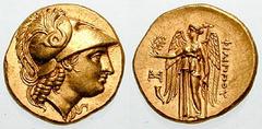 MACEDON, Kings of. Philip III Estimate $5000 MACEDON, Kings of. Philip III. 323-317 BC. AV Stater (8.64 gm). Abydos mint. Helmeted head of Athena right; serpent on helmet / FILIPPOU right, Nike standi