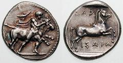 THESSALY, Larissa Estimate $2000 THESSALY, Larissa. Circa 435-400 BC. AR Drachm (6.28 gm). Youth wrestling bull to the right / LAP above, ISAIA below, bridled horse galloping right; all within an incu