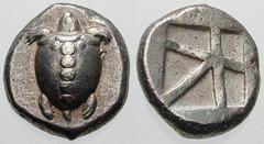 AEGINA Estimate $2000 AEGINA. Circa 480-457 BC. AR Stater (12.51 gm). T-back turtle; turtle's head seen in profile / Large skew pattern incuse. SNG Delepierre 1522-1526 and 1758-1773; Pozzi 1627. EF, 