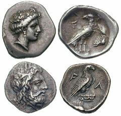 ELIS, Olympia Estimate $600 ELIS, Olympia. Lot of Two AR Hemidrachms. Includes the following: Circa 363-343 BC. (2.61 gm). Laureate head of Zeus right / F-A, eagle standing right on Ionic capital. SNG