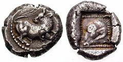 LYCIA, Dynasts of. Uncertain Estimate $750 LYCIA, Dynasts of. Uncertain. Circa 480-460 BC. AR Stater (9.31 gm). Bull kneeling right, head turned left / Ram's head left; within dotted incuse square. SN