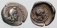 LYCIA, Dynasts of. Ddenevele Estimate $250 LYCIA, Dynasts of. Ddenevele. Circa 420-400 BC. AR Obol (0.65 gm). Head of the Satrap right, wearing Persian tiara / Helmeted head of Athena right; within in