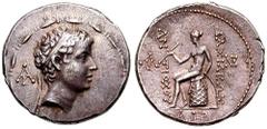 SYRIA, Seleukid Kings. Antiochos V Estimate $1500 SYRIA, Seleukid Kings. Antiochos V. 164-162 BC. AR Tetradrachm (16.61 gm). Ake-Ptolemais mint. Diademed head right; monogram behind / BASILEWS right, 