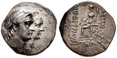 SYRIA, Seleukid Kings. Demetrios I Estimate $500 SYRIA, Seleukid Kings. Demetrios I. 162-150 BC. AR Tetradrachm (16.32 gm). Seleukeia on the Tigris mint. Circa 161 BC. Conjoined busts right of Demetri