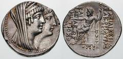 SYRIA, Seleukid Kings of. Cleopatra Thea & Antiochos VIII Estimate $1000 SYRIA, Seleukid Kings of. Cleopatra Thea & Antiochos VIII. 125-121 BC. AR Tetradrachm (16.59 gm). Year 189 (124/123 BC). Ake-Pt