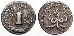 SEXTUS POMPEY Estimate $1500 SEXTUS POMPEY. 38-37 BC. AR Denarius (3.50 gm). MAG PIVS IMP ITER, galley adorned with aquila, sceptre and trident before the Pharos of Messana, decorated with a statue of