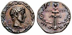 AUGUSTUS Estimate $2000 AUGUSTUS. 27 BC-14 AD. AR Denarius (3.88 gm). Struck circa 17 BC. Uncertain mint. CA-ES-AR, bare head right within oak wreath / AVG-VST, candelabrum ornamented with rams' heads