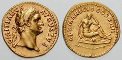 DOMITIAN Estimate $5000 DOMITIAN. 81-96 AD. AV Aureus (7.52 gm). Struck 88-89 AD. DOMITIANVS AVGVSTVS, laureate head right / GERMANICVS COS XIIII, Germania seated right on shield, mourning; broken spe