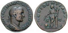 GORDIAN I Estimate $1000 GORDIAN I. 238 AD. Æ Sestertius (22.04 gm). IMP CAES M ANT GORDIANVS AFR AVG, laureate, draped and cuirassed bust right, seen from behind / PROVIDENTIA AVGG, S C across field,