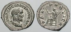PUPIENUS Estimate $500 PUPIENUS. 238 AD. AR Denarius (3.20 gm). IMP C M CLOD PVPIENVS AVG, laureate, draped and cuirassed bust right / PAX PVBLICA, Pax seated left, holding branch in right hand and sc