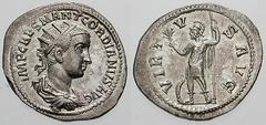 GORDIAN III Estimate $250 GORDIAN III. 238-244 AD. AR Antoninianus (4.34 gm). Antioch mint. IMP CAES M ANT GORDIANVS AVG, radiate, draped and cuirassed bust right, seen from behind / VIRT-V-S AVG, Vir