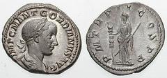 GORDIAN III Estimate $300 GORDIAN III. 238-244 AD. AR Denarius (2.88 gm). IMP C M ANT GORDIANVS AVG, laureate, draped and cuirassed bust right, seen from behind / P M TR P II COS P P, Fides standing l