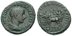 GORDIAN III. Estimate $500 GORDIAN III. 238-244 AD. Æ 'Medallic' As (10.89 gm). IMP GORDIANVS PIVS FEL AVG, laureate, draped and cuirassed bust right / PONTIFEX MAX TR P IIII, COS II P P in exergue, G