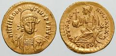 THEODOSIUS II Estimate $1000 THEODOSIUS II. 408-450 AD. AV Solidus (4.42 gm). Struck 430-440 AD. Thessalonica mint. D N THEODOSI-VS P F AVG, diademed and helmeted three-quarter facing bust, holding sp