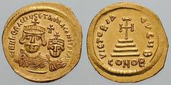 HERACLIUS. Estimate $600 HERACLIUS. 610-641 AD. AV Solidus (4.29 gm). Uncertain mint. dd NN hERACLIUS ET hERA CONST P P AV, crowned facing busts of Heraclius and Heraclius Constantine; cross above, ex