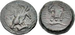 Greek SICILY, Akragas. Circa 415-406 BC. Æ Tetras – Trionkion (22mm, 10.21 g, 9h). Eagle, wings spread, standing right on, and tearing at, dead hare / Crab; below, three pellets (mark of value) above 