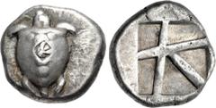 Greek ISLANDS off ATTICA, Aegina. Circa 480-457 BC. AR Stater (21mm, 12.33 g, 10h). Sea turtle, head in profile, with 'T-back' design on shell; c/m: sphinx(?) seated facing within incuse square / Larg